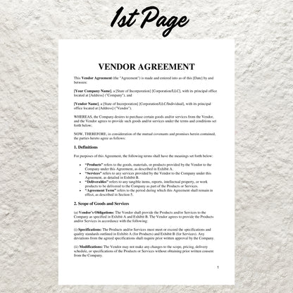 Vendor Agreement Template Editable Vendor Agreement Printable Small Business Contract Business Services Agreement Exclusive Supply Contract