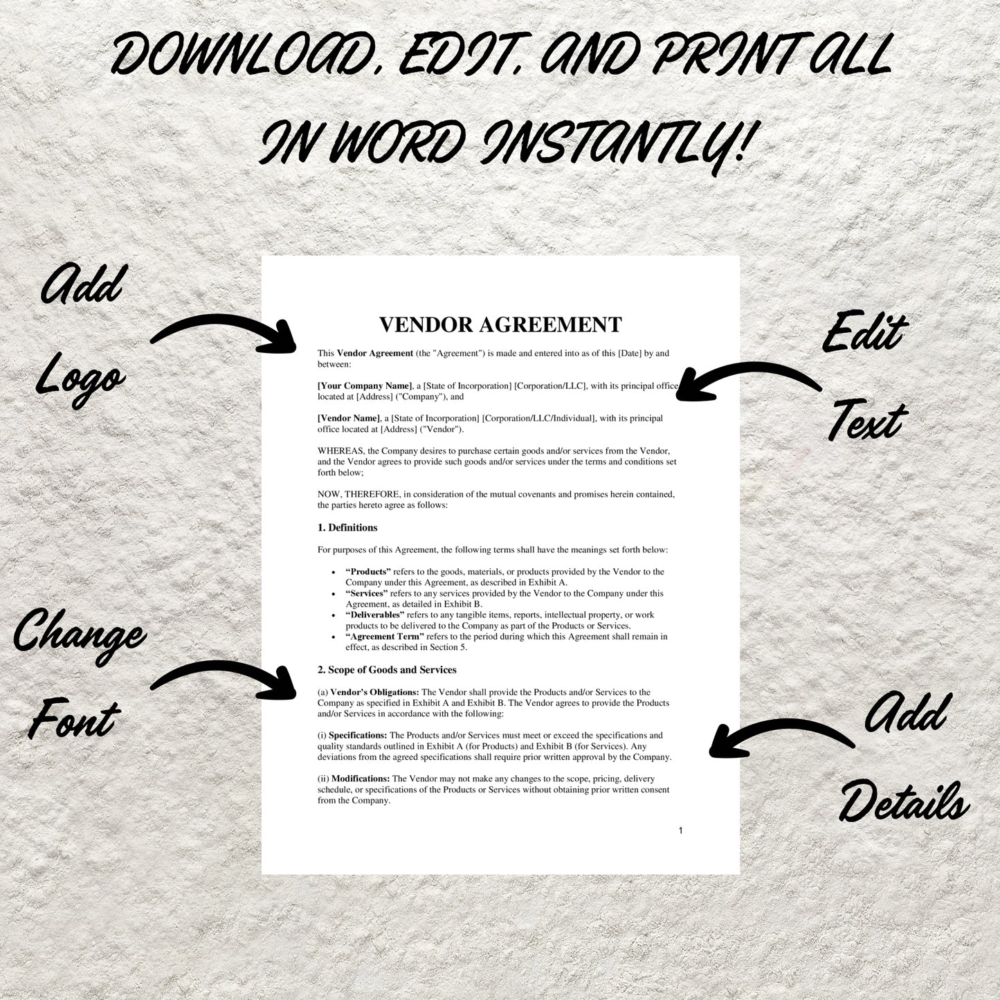 Vendor Agreement Template Editable Vendor Agreement Printable Small Business Contract Business Services Agreement Exclusive Supply Contract