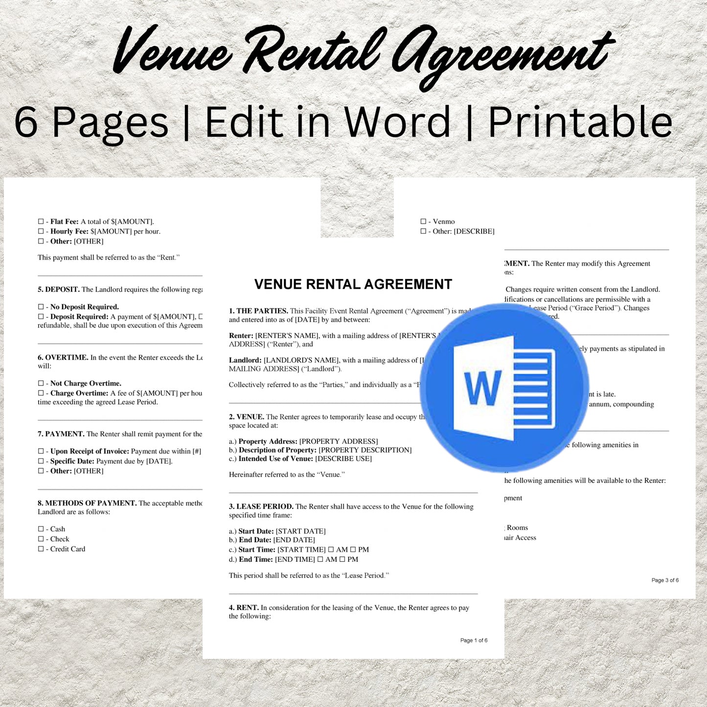 Venue Rental Contract Form Editable Venue Rental Agreement Template Wedding Venue Contract Event Services Rental Form Venue Space Lease