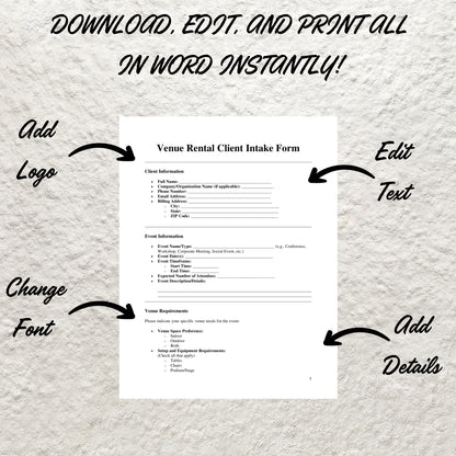 Venue Rental Forms Bundle Editable Wedding Venue Contract Template Printable Event Center Services Agreement Event Hosting Client Intake