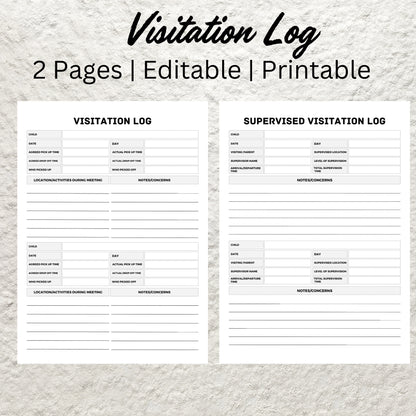 Visitation Log Template Printable Child Care Custody Log Child Visits Tracker Visitation Notes Custody Co Parenting Timesharing Planner