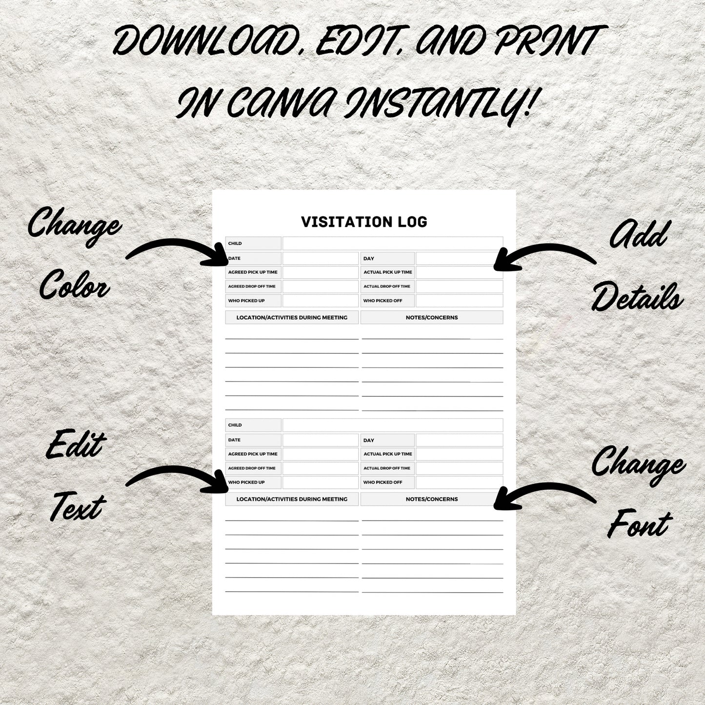 Visitation Log Template Printable Child Care Custody Log Child Visits Tracker Visitation Notes Custody Co Parenting Timesharing Planner