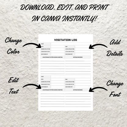 Visitation Log Template Printable Child Care Custody Log Child Visits Tracker Visitation Notes Custody Co Parenting Timesharing Planner