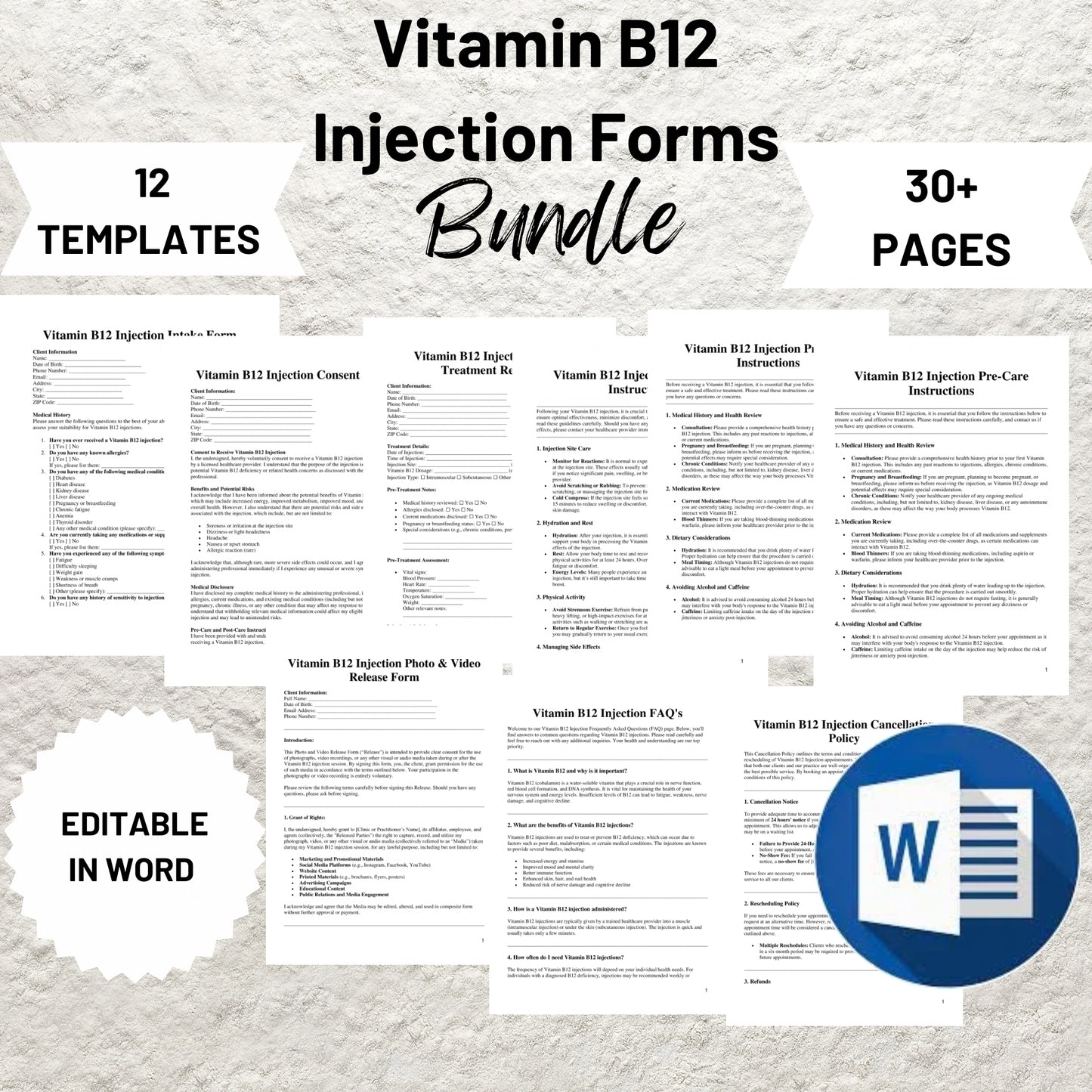 Vitamin B12 Injection Forms Bundle Editable B12 Injections Consent Form Printable Vitamin B12 Injection Client Intake Form Injector Forms