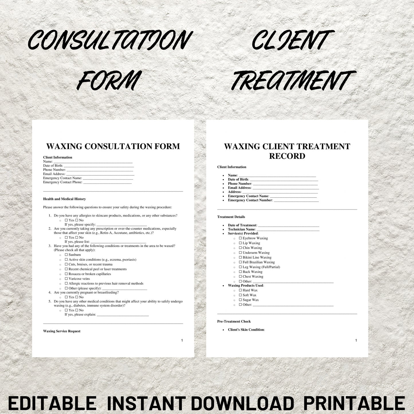 Waxing Treatment Forms Bundle Editable Waxing Consent Form Printable Waxing Consultation Form Waxing Intake Esthetician Forms Templates