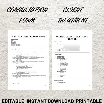 Waxing Treatment Forms Bundle Editable Waxing Consent Form Printable Waxing Consultation Form Waxing Intake Esthetician Forms Templates