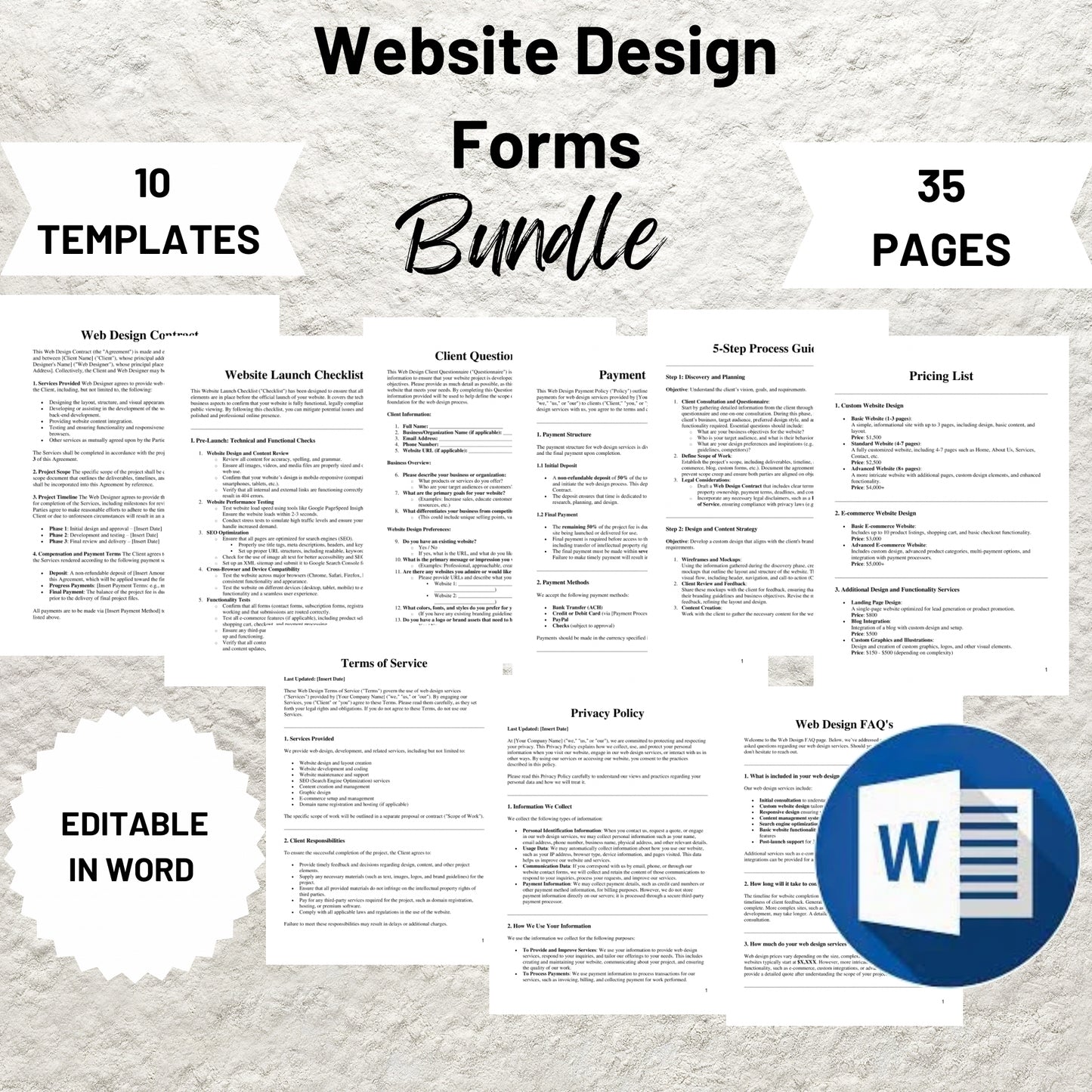 Web Design Forms Bundle Editable Wed Design Contract Printable Wed Designer Service Agreement Template Client Questionnaire Proposal Form