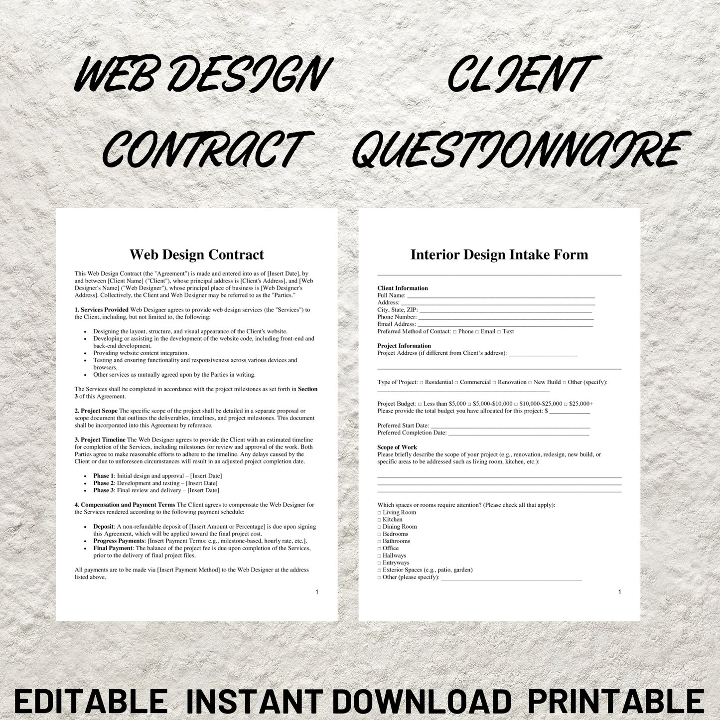 Web Design Forms Bundle Editable Wed Design Contract Printable Wed Designer Service Agreement Template Client Questionnaire Proposal Form