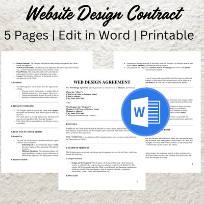 Website Design Contract Template Editable Web Design Service Agreement Printable Freelance Website Designer Agreement Web Designer Form