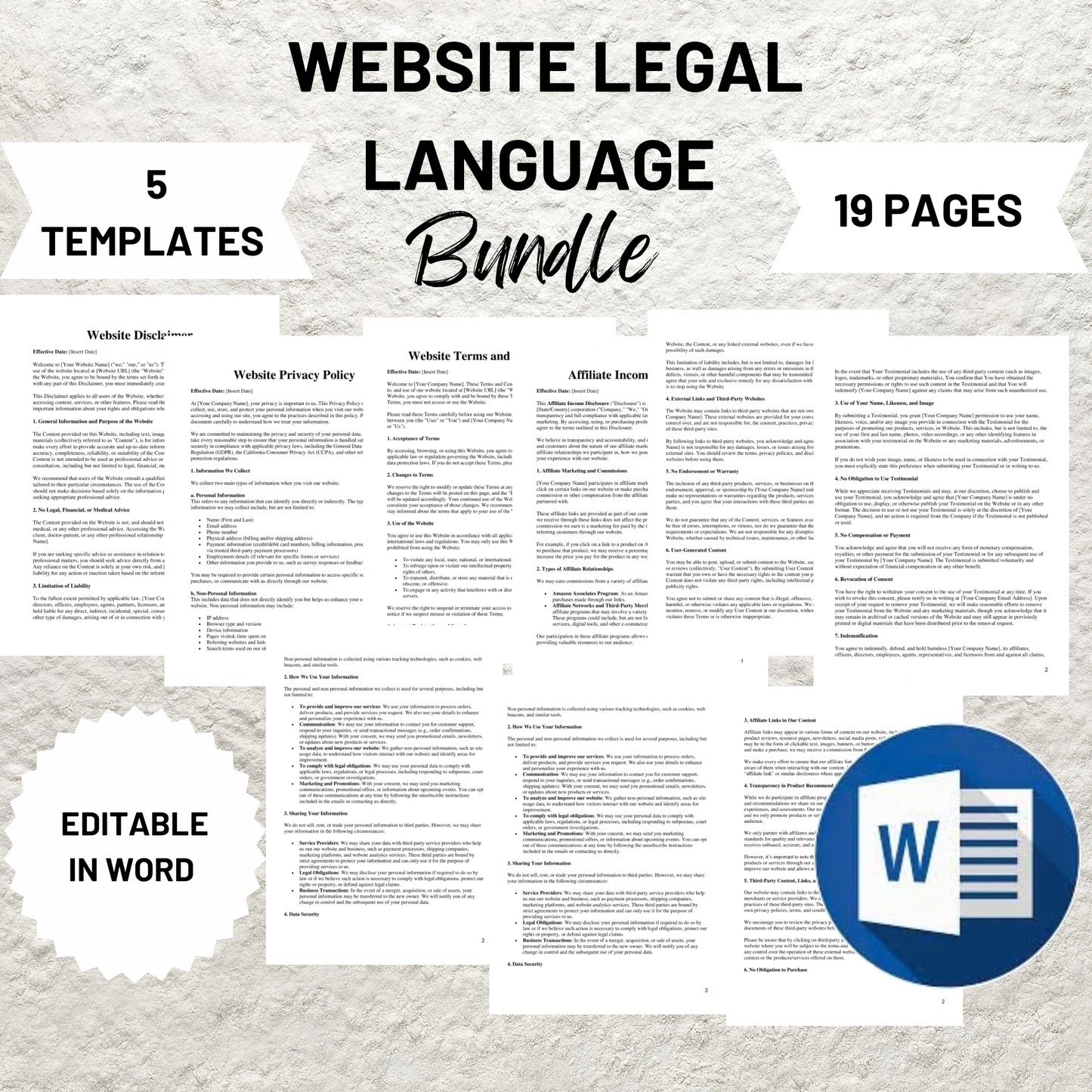 Website Legal Language Template Bundle Editable Website Privacy Policy Printable Website Terms and Conditions Website Legal Disclaimers