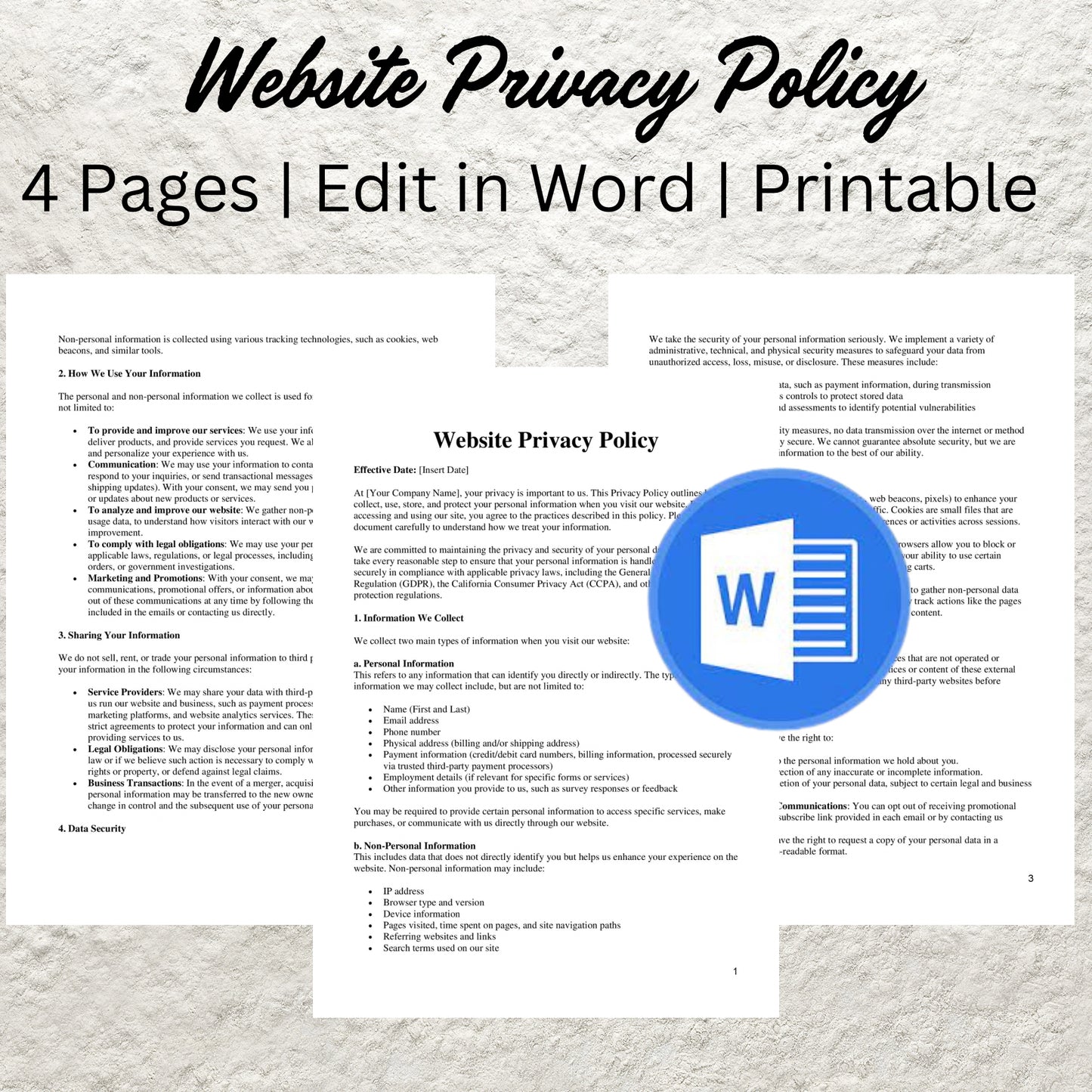 Website Privacy Policy Template Editable Privacy Policy Agreement Printable Online Privacy Policy Website Legal Agreement Template Form