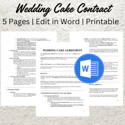 Wedding Cake Contract Template Editable Wedding Cake Order Printable Catering Agreement Form for Bakers Bakery Client Terms and Conditions