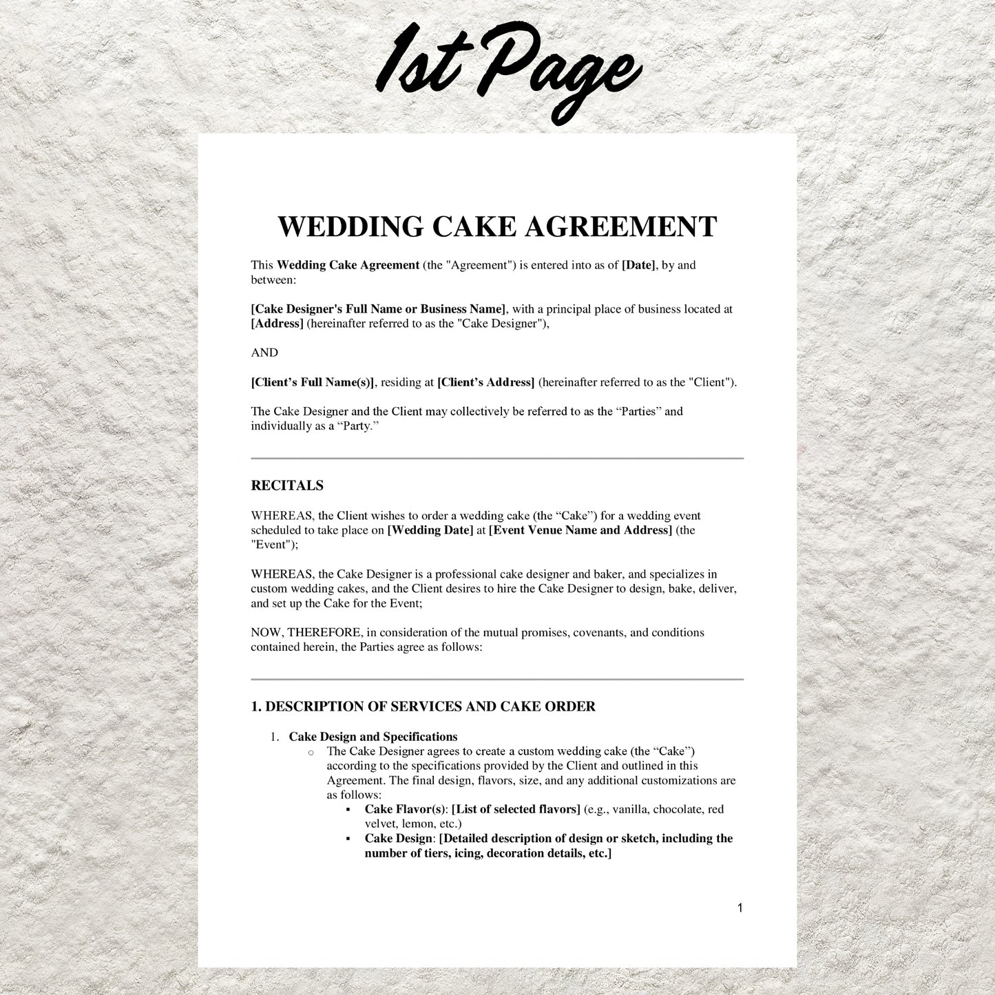 Wedding Cake Contract Template Editable Wedding Cake Order Printable Catering Agreement Form for Bakers Bakery Client Terms and Conditions