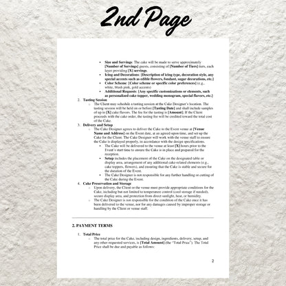 Wedding Cake Contract Template Editable Wedding Cake Order Printable Catering Agreement Form for Bakers Bakery Client Terms and Conditions