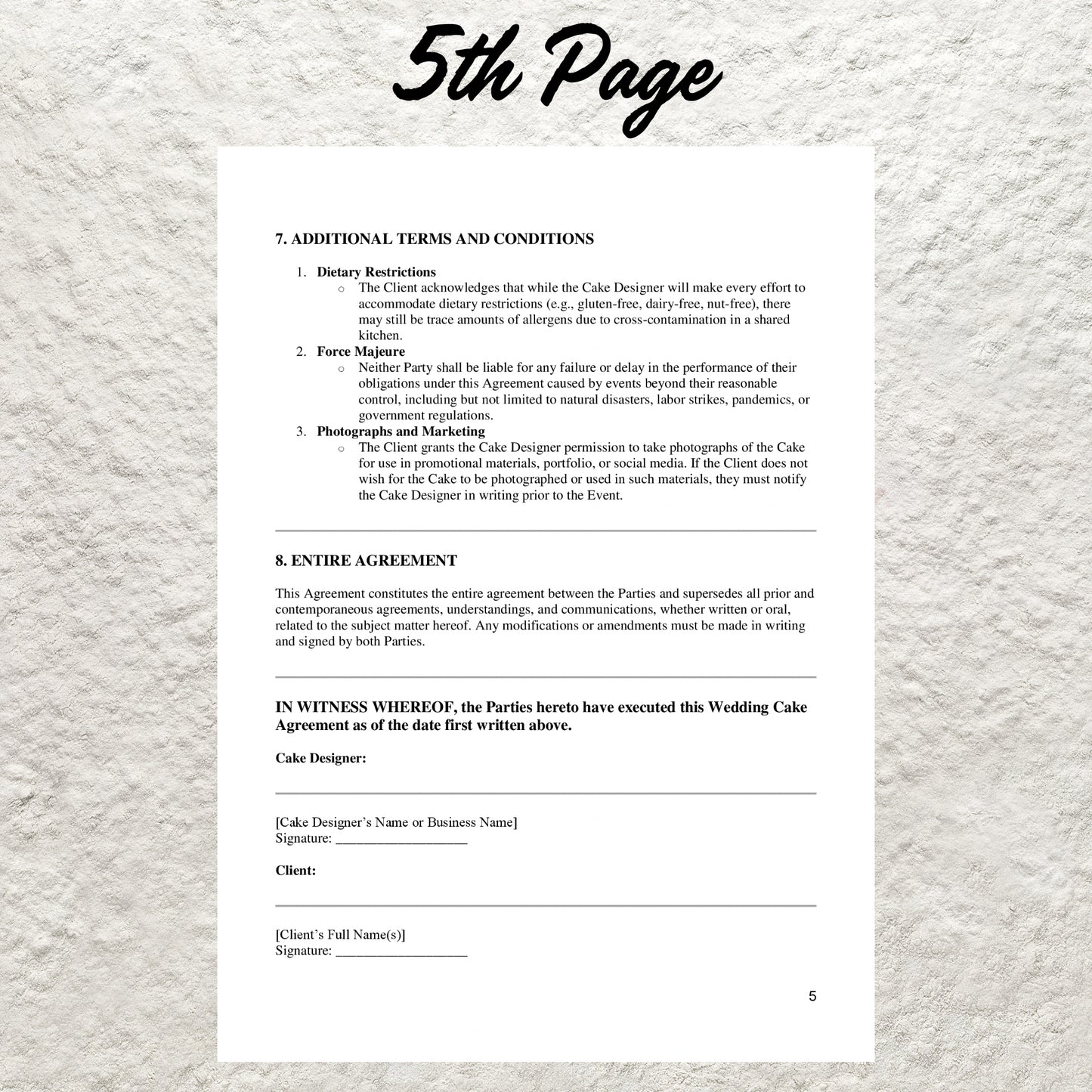 Wedding Cake Contract Template Editable Wedding Cake Order Printable Catering Agreement Form for Bakers Bakery Client Terms and Conditions