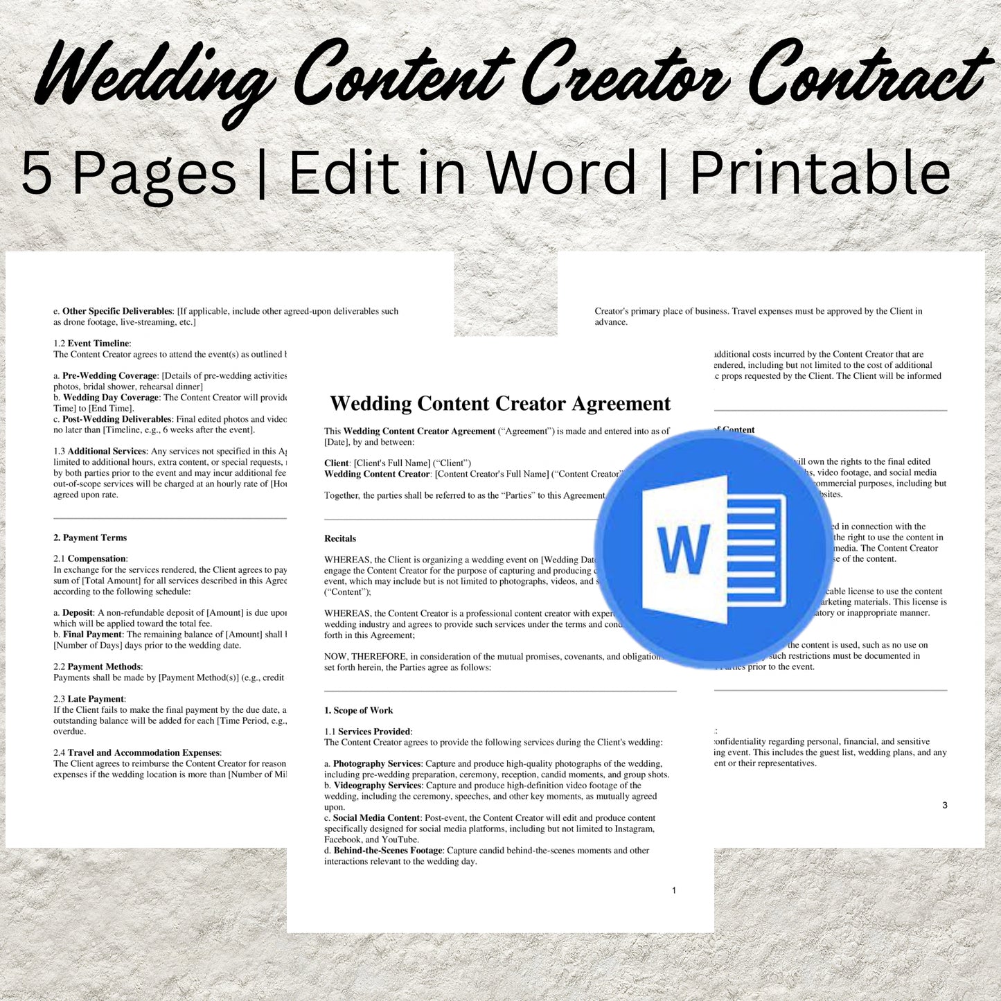 Wedding Content Creator Contract Template Editable Content Creator Services Agreement Wedding Photography & Videography Contract Forms