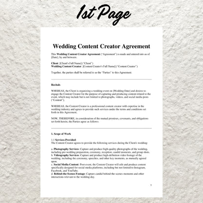 Wedding Content Creator Contract Template Editable Content Creator Services Agreement Wedding Photography & Videography Contract Forms