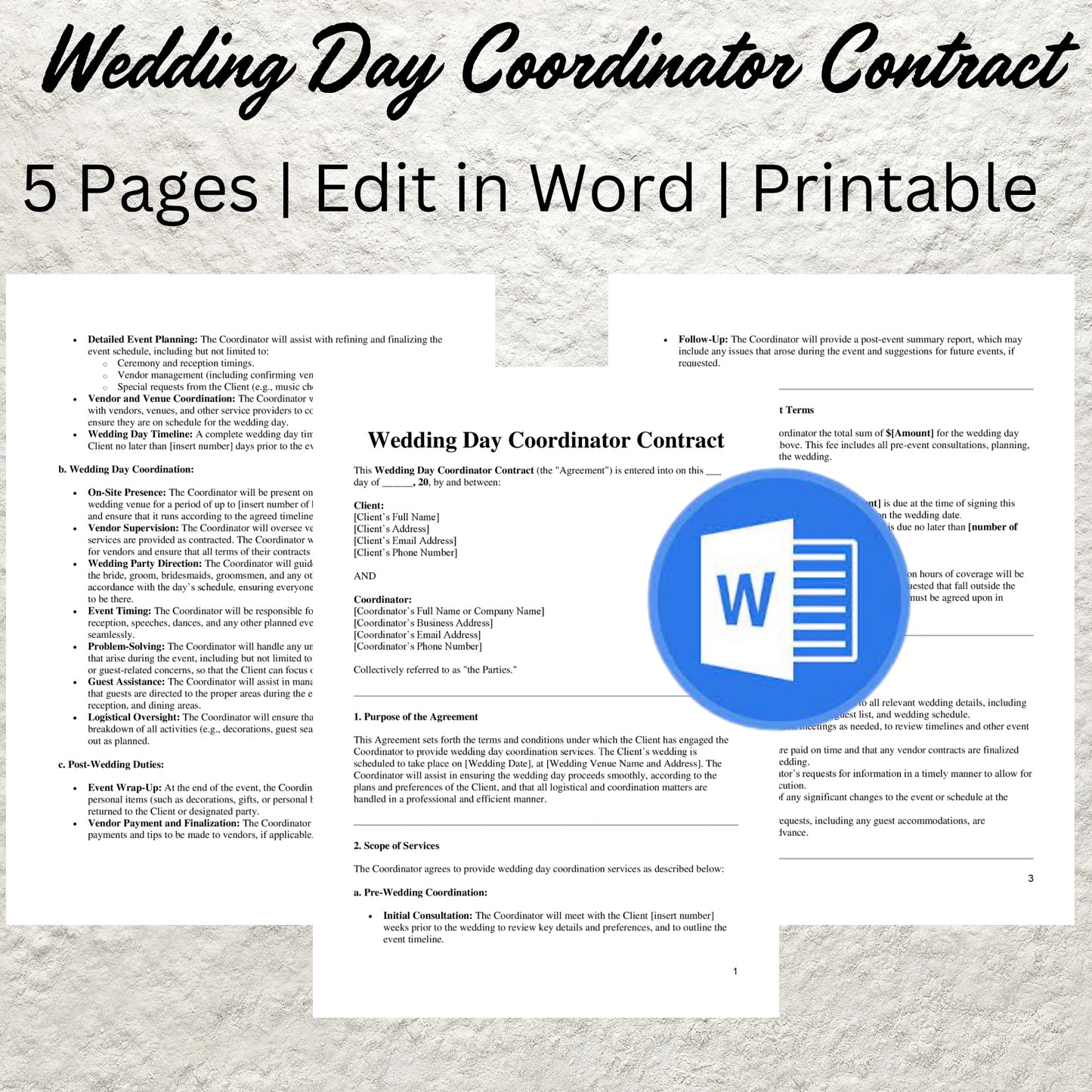 Wedding Day Event Coordinator Contract Template Editable Wedding Services Agreement Printable Day of Wedding Coordination Event Form