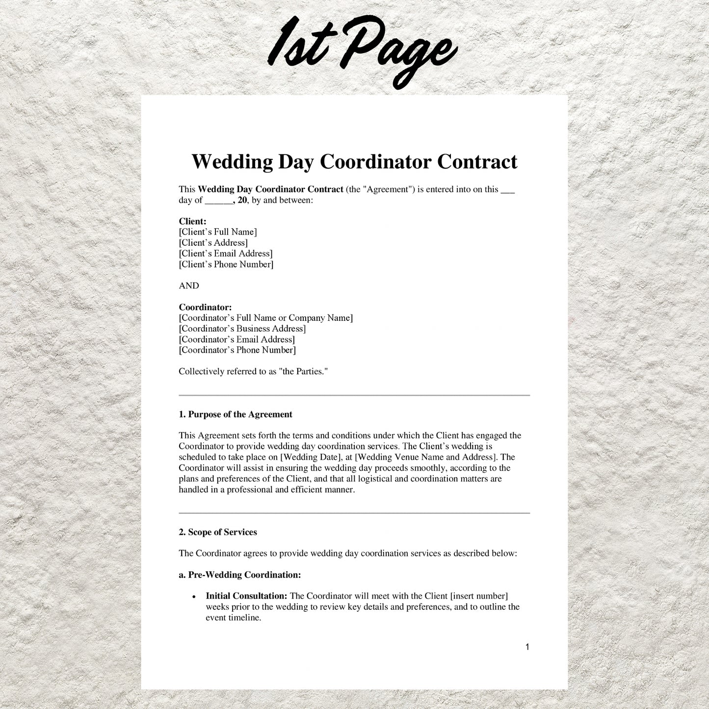 Wedding Day Event Coordinator Contract Template Editable Wedding Services Agreement Printable Day of Wedding Coordination Event Form