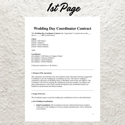 Wedding Day Event Coordinator Contract Template Editable Wedding Services Agreement Printable Day of Wedding Coordination Event Form