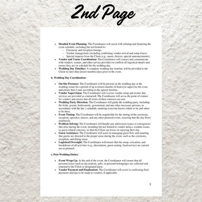 Wedding Day Event Coordinator Contract Template Editable Wedding Services Agreement Printable Day of Wedding Coordination Event Form