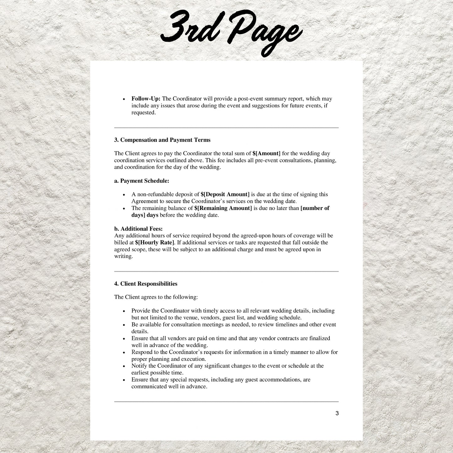 Wedding Day Event Coordinator Contract Template Editable Wedding Services Agreement Printable Day of Wedding Coordination Event Form