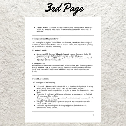 Wedding Day Event Coordinator Contract Template Editable Wedding Services Agreement Printable Day of Wedding Coordination Event Form