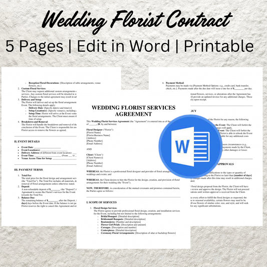 Wedding Florist Contract Template Editable Wedding Floral Service Agreement Form Printable Wedding Florist Agreement Florist Business Form