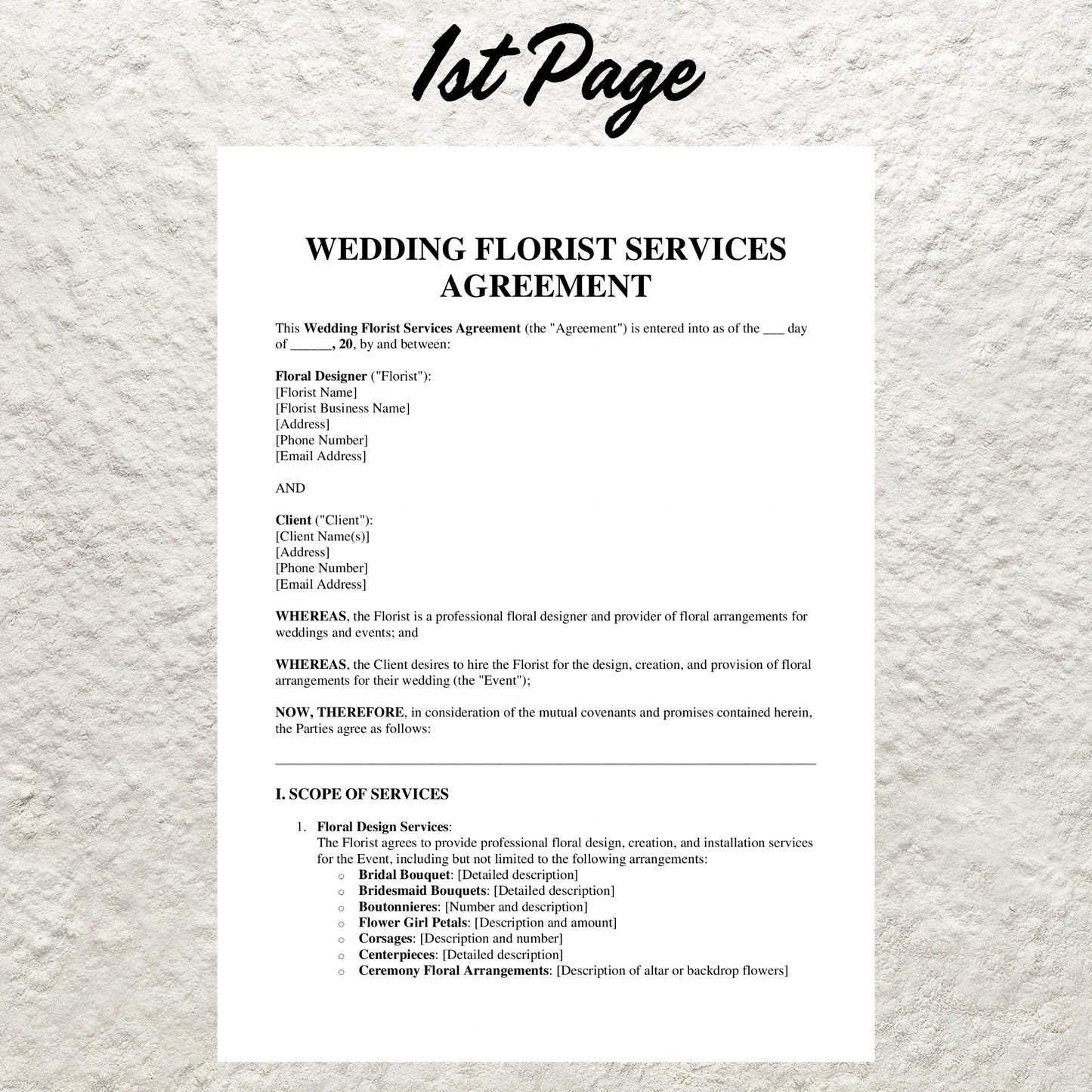 Wedding Florist Contract Template Editable Wedding Floral Service Agreement Form Printable Wedding Florist Agreement Florist Business Form