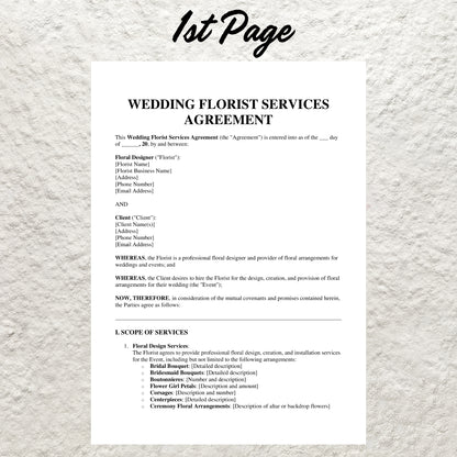 Wedding Florist Contract Template Editable Wedding Floral Service Agreement Form Printable Wedding Florist Agreement Florist Business Form