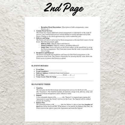 Wedding Florist Contract Template Editable Wedding Floral Service Agreement Form Printable Wedding Florist Agreement Florist Business Form