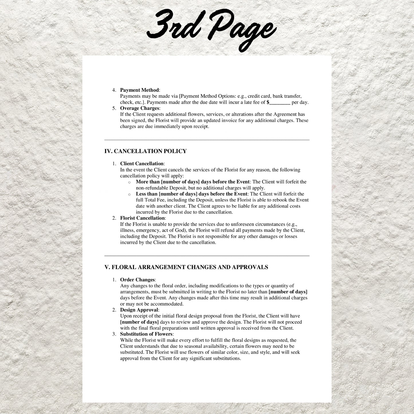 Wedding Florist Contract Template Editable Wedding Floral Service Agreement Form Printable Wedding Florist Agreement Florist Business Form