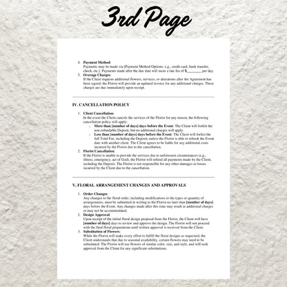 Wedding Florist Contract Template Editable Wedding Floral Service Agreement Form Printable Wedding Florist Agreement Florist Business Form