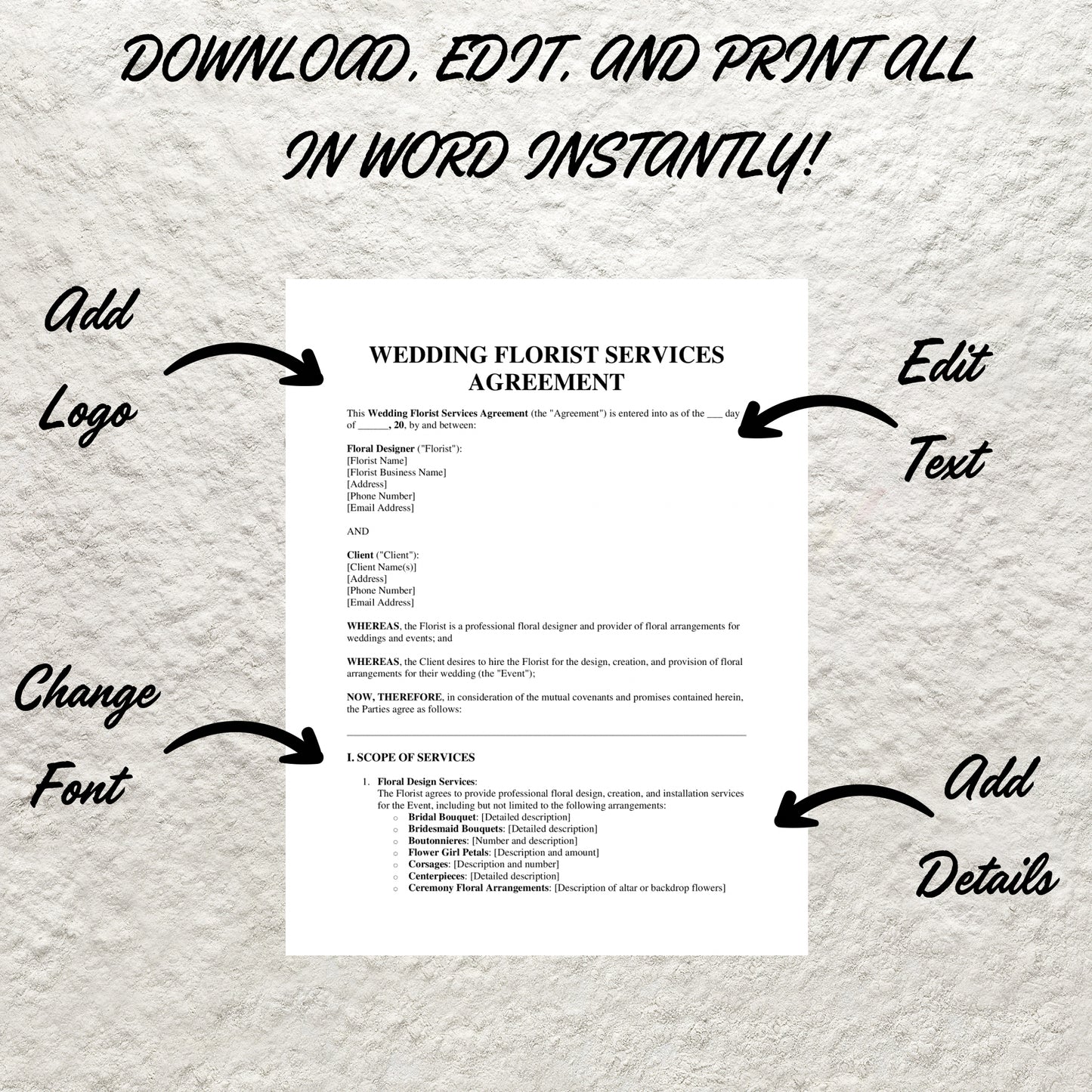 Wedding Florist Contract Template Editable Wedding Floral Service Agreement Form Printable Wedding Florist Agreement Florist Business Form