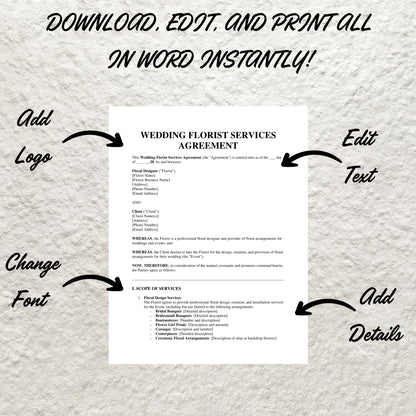 Wedding Florist Contract Template Editable Wedding Floral Service Agreement Form Printable Wedding Florist Agreement Florist Business Form