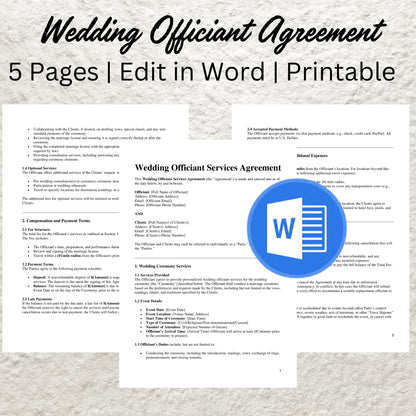 Wedding Officiant Contract Template Editable Wedding Officiant Service Agreement Printable Wedding Officiant Contract Wedding Event Forms