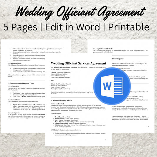 Wedding Officiant Contract Template Editable Wedding Officiant Service Agreement Printable Wedding Officiant Contract Wedding Event Forms