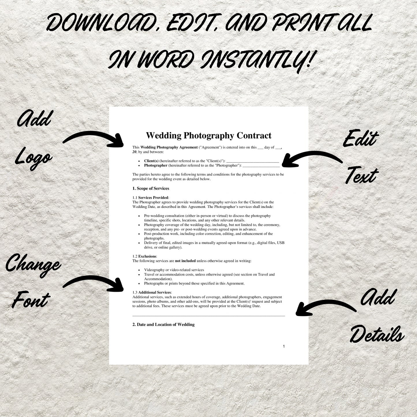 Wedding Photography Contract Template Editable Photography Forms Printable Photography Contract for Photographers Wedding Photography Form