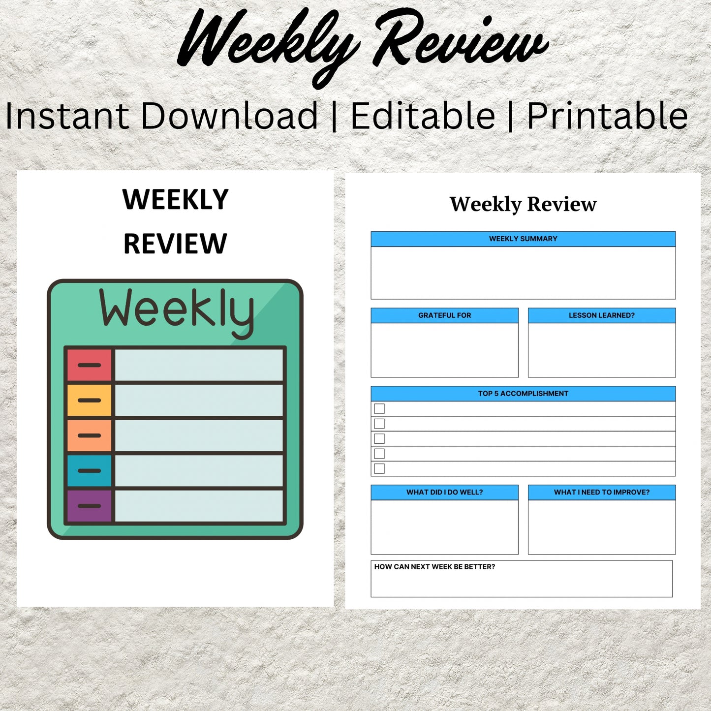 Weekly Review Template Printable Weekly Reflection Journal Editable Weekly Evolution Weekly Summary Weekly Check In Daily Gratitude Planner