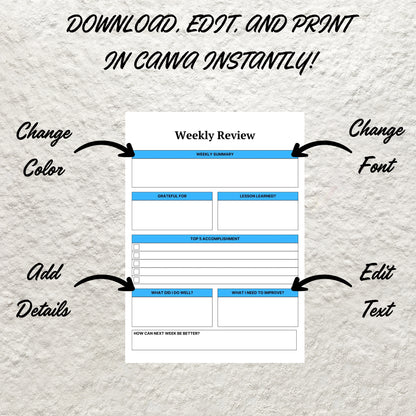 Weekly Review Template Printable Weekly Reflection Journal Editable Weekly Evolution Weekly Summary Weekly Check In Daily Gratitude Planner