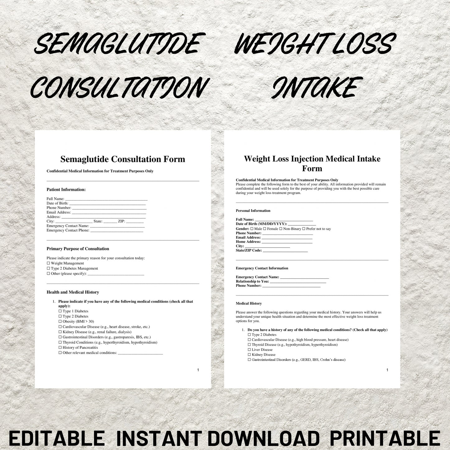 Weight Loss Injections Forms Bundle Editable Semaglutide Intake Form Printable Semalagutide Consent Form Tirzepatide Intake Consent Form