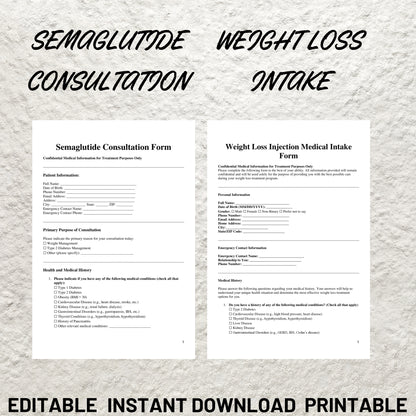 Weight Loss Injections Forms Bundle Editable Semaglutide Intake Form Printable Semalagutide Consent Form Tirzepatide Intake Consent Form