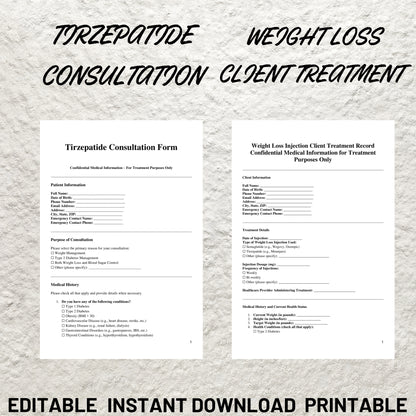 Weight Loss Injections Forms Bundle Editable Semaglutide Intake Form Printable Semalagutide Consent Form Tirzepatide Intake Consent Form