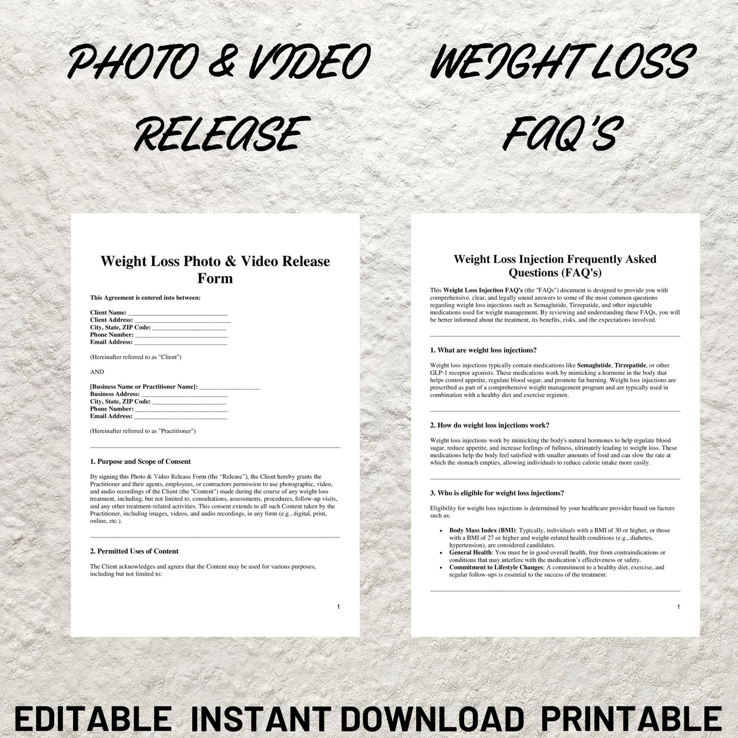 Weight Loss Injections Forms Bundle Editable Semaglutide Intake Form Printable Semalagutide Consent Form Tirzepatide Intake Consent Form