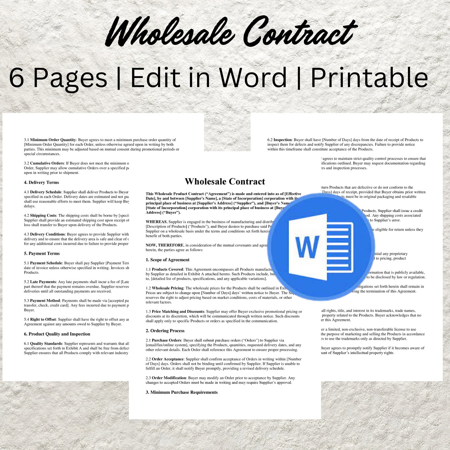 Wholesale Contract Template Editable Wholesale Product Purchase Agreement Form Supplier and Retailers Wholesale Business Purchase Agreement