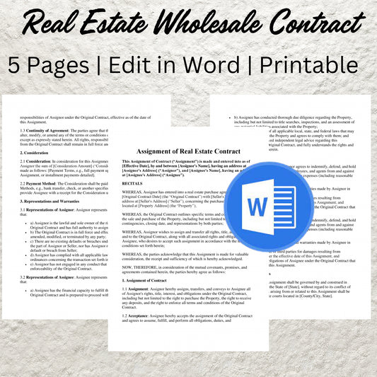 Wholesale Real Estate Contract Template Editable Real Estate Wholesale Agreement Form Real Estate Business Forms Purchase and Sale Contract