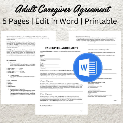 Adult Caregiver Agreement Template Editable Caregiver Service Contract Printable Home Care Contract Professional Senior Elder Care Agreement