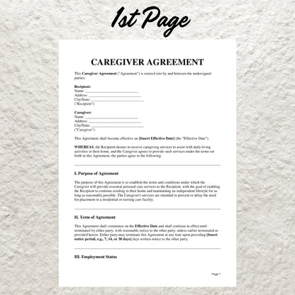 Adult Caregiver Agreement Template Editable Caregiver Service Contract Printable Home Care Contract Professional Senior Elder Care Agreement