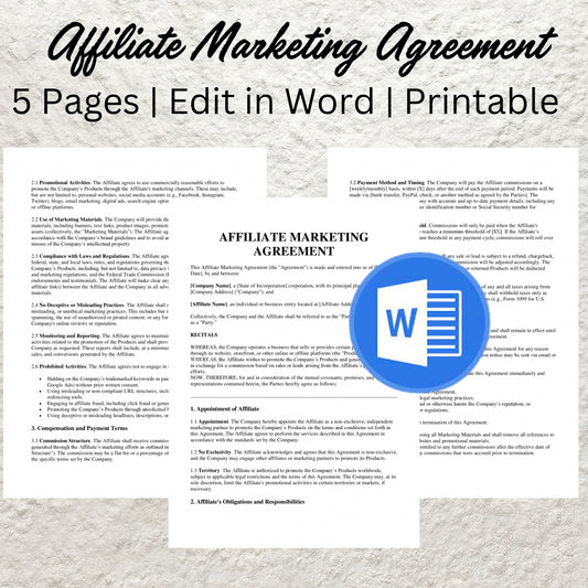 Affiliate Marketing Agreement Template Editable Affiliate Marketing Contract Form Printable Affiliate Program Contract Template