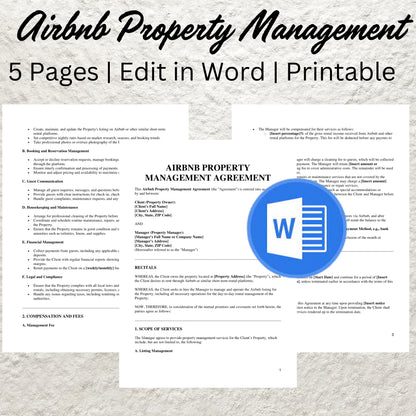 Airbnb Property Management Contract Template Editable Short Term Rental Property Management Agreement Printable Vacation Property Manager